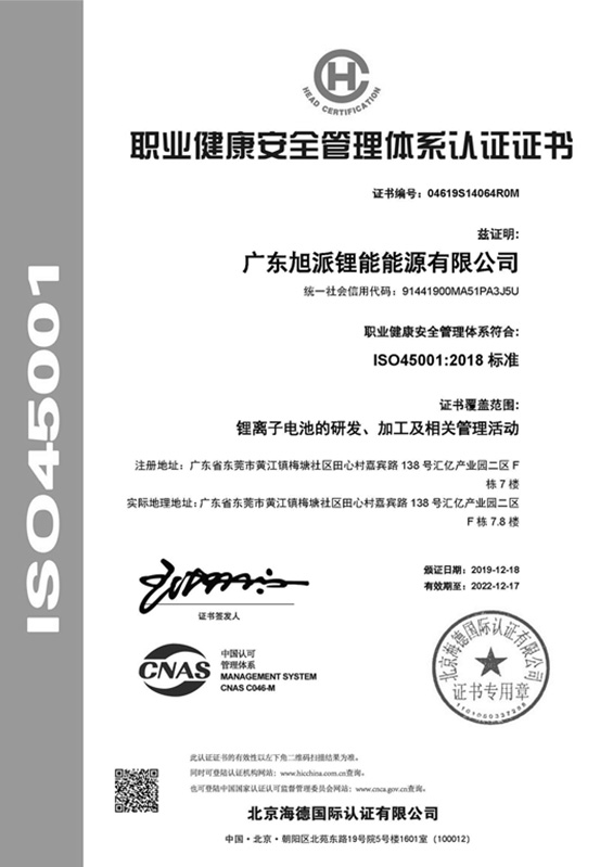 旭派新能源ISO45001认证